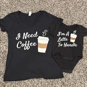 Mommy & Me Black Coffee Themed T-Shirt (small) and Onesie (12M) Set